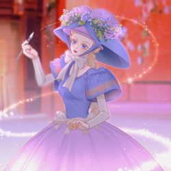 Rule 34 | 1girl, absurdly long hair, barbie (character), barbie (franchise), barbie as rapunzel, barbie movies, blonde hair, blue bow, blue dress, blue eyes, bow, braid, breasts, chin strap, dated, dress, flower, flower hat, formal, gown, hat, highres, holding, holding paintbrush, large bow, large hat, long hair, magic, okitafuji, paintbrush, puffy sleeves, purple skirt, rapunzel, rapunzel (barbie), red lips, skirt, solo, sparkle, transformation, very long hair, victorian, white bow