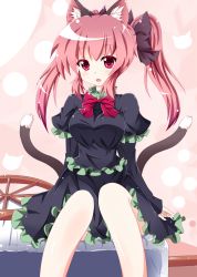 Rule 34 | 1girl, alternate costume, animal ears, bad id, bad pixiv id, bare legs, bow, breasts, cat ears, cat girl, cat tail, female focus, hair bow, highres, kaenbyou rin, kuromari (runia), large breasts, looking at viewer, multiple tails, red eyes, red hair, short hair, sitting, solo, tail, touhou, twintails