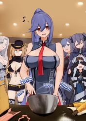 Rule 34 | 6+girls, :d, azur lane, bare shoulders, belt, bikini, bikini top only, black bikini, black coat, black gloves, black shirt, blonde hair, blue cloak, blue dress, blue eyes, blue hair, bon homme richard (azur lane), bowl, breasts, brown belt, brown eyes, candy, chocolate, chocolate bar, chocolate making, cleavage, cloak, closed eyes, clothes writing, coat, collarbone, collared dress, commentary request, covering another&#039;s eyes, cowboy hat, cowboy shot, cross, cross earrings, dress, earrings, essex (azur lane), fingerless gloves, flour, flying sweatdrops, food, front-tie bikini top, front-tie top, gameplay mechanics, gloves, green eyes, grey hair, hair between eyes, hat, high collar, highres, holding, holding bowl, holding whisk, hornet (azur lane), hornet ii (azur lane), indoors, intrepid (azur lane), jewelry, large breasts, long hair, long sleeves, low neckline, marshall k, mixing bowl, multiple girls, musical note, navel, necktie, open clothes, open coat, open mouth, parted bangs, ponytail, red necktie, shirt, short hair, short hair with long locks, short shorts, shorts, shrug (clothing), sidelocks, sleeveless, sleeveless dress, smile, standing, stomach, strapless, strapless dress, sweat, swimsuit, thighhighs, ticonderoga (azur lane), torpedo tempura, twintails, two side up, very long hair, whisk, whisking, white dress, white hair, yellow belt, yellow eyes, yorktown (azur lane), yorktown ii (azur lane), zipper pull tab