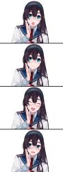 Rule 34 | 10s, 1girl, :d, black hair, blue eyes, blush, closed eyes, closed mouth, collared shirt, comic, commentary request, epaulettes, glasses, green eyes, hair between eyes, hairband, highres, hita (hitapita), kantai collection, long hair, long sleeves, looking at viewer, necktie, ooyodo (kancolle), open mouth, red necktie, school uniform, semi-rimless eyewear, serafuku, shirt, simple background, smile, solo, under-rim eyewear, upper body, white background