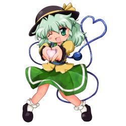 Rule 34 | 1girl, :d, :p, bad id, bad pixiv id, blush, bobby socks, bow, dress, female focus, frilled socks, frills, full body, green eyes, green hair, happy, hat, heart, heart hands, heart of string, highres, komeiji koishi, magic, mary janes, matching hair/eyes, messy hair, one eye closed, open mouth, ribbon, shoes, short hair, smile, socks, solo, tongue, tongue out, touhou, transparent background, wink, zipang (zip@ng works)