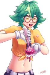 Rule 34 | 1girl, animal ears, azzypics, belt, dripping, genshin impact, glasses, green hair, hair between eyes, happy, highres, holding, midriff, open mouth, shirt, short sleeves, shorts, simple background, slime (genshin impact), solo, sucrose (genshin impact), tied shirt, yellow eyes, yellow shirt