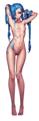 Rule 34 | 1girl, absurdres, armpits, arms behind head, arms up, asymmetrical bangs, bandaid, bandaid on knee, bandaid on leg, blue hair, boots, braid, bullet, collarbone, flat chest, full body, grin, groin, hair over one eye, hair tie, head tilt, highres, jinx (league of legends), league of legends, lip biting, long hair, looking at viewer, navel, nipples, nude, oopartz yang, purple eyes, pussy, revision, smile, solo, standing, stomach, stomach tattoo, tattoo, twin braids, uncensored, very long hair