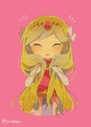 Rule 34 | 1girl, artist name, back, belt, blonde hair, blue eyes, blush, closed eyes, closed mouth, dress, floating hair, full body, gloves, jewelry, long hair, looking up, multicolored hair, multiple persona, necklace, nintendo, open mouth, pink background, pink dress, princess zelda, skirt hold, solo, the legend of zelda, the legend of zelda: spirit tracks, the legend of zelda: the wind waker, tiara, tokuura, toon zelda