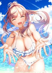Rule 34 | 1girl, :d, bad id, bad pixiv id, bikini, blue sky, blunt bangs, breasts, brown hair, closed eyes, cloud, curved horizon, day, frilled bikini, frills, gluteal fold, highres, large breasts, long hair, navel, nidaime (doronbo), ocean, open mouth, original, outdoors, outstretched arms, ponytail, sidelocks, sky, smile, solo, splashing, swimsuit, thigh gap, wading, water drop, white bikini