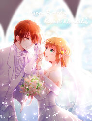 Rule 34 | 1boy, 1girl, absurdres, ahoge, alternate hairstyle, bare shoulders, blonde hair, bloom, blurry, blurry background, blush, bouquet, bow, bowtie, breasts, bridal gauntlets, bridal veil, brown eyes, brown hair, center frills, character name, cleavage, closed mouth, commentary request, couple, cowboy shot, dress, eye contact, falling petals, flower, formal, frills, from side, gloves, green eyes, hair between eyes, hair ornament, hair ribbon, hand up, happy birthday, hetero, highres, holding, holding bouquet, holding hands, jewelry, kamikita komari, little busters!, looking at another, medium breasts, medium hair, natsume kyousuke, necklace, nose, open mouth, pants, pearl necklace, petals, pink flower, pink rose, rakka, red ribbon, ribbon, rose, short hair, smile, standing, star (symbol), star hair ornament, suit, upturned eyes, veil, wedding, wedding dress, white bow, white bowtie, white flower, white gloves, white pants, white petals, white suit