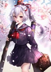 Rule 34 | 1girl, absurdres, alternate costume, arm behind back, bag, bag charm, black shirt, black skirt, blurry, blurry background, blush, breasts, brown bag, charm (object), cherry blossoms, commentary request, fate/grand order, fate (series), hair between eyes, hair ornament, hane yuki, headband, highres, holding, holding sword, holding weapon, long hair, long sleeves, looking at viewer, mitsudomoe (shape), outdoors, pleated skirt, ponytail, red eyes, ribbon, sailor collar, shirt, silver hair, skirt, solo, sword, tomoe (symbol), tomoe gozen (fate), weapon, yellow ribbon