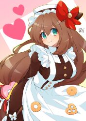 Rule 34 | 1girl, alternate costume, arms behind back, box, breasts, brown hair, closed mouth, enmaided, gift, green eyes, heart-shaped box, holding, holding gift, humanoid robot, iris (mega man), large breasts, long hair, maid, mega man (series), mega man x4, mega man x (series), robot, solo, tobitori, very long hair