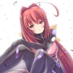 Rule 34 | 1girl, :o, ahoge, blush, bow, breasts, brown eyes, fortified suit, hair bow, head tilt, highres, kagami sumika, kenran butou, looking at viewer, medium breasts, muv-luv, muv-luv alternative, pilot suit, red hair, sitting, skin tight, solo, white background, yellow bow