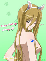Rule 34 | 1girl, animal ears, blonde hair, blush, breasts, brown eyes, cat ears, character name, dated, fake animal ears, girls und panzer, green background, happy birthday, large breasts, long hair, looking at viewer, looking back, naotosi, nekonyaa (girls und panzer), no bra, one eye closed, shoulder blades, signature, simple background, solo, tongue, tongue out, wink
