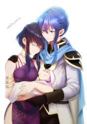 Rule 34 | 1boy, 2girls, baby, black gloves, black hair, blue cape, blue eyes, blue hair, breasts, cape, collarbone, commentary request, couple, dress, closed eyes, father and daughter, fire emblem, fire emblem: genealogy of the holy war, gloves, hand on another&#039;s shoulder, holding baby, if they mated, jacket, larcei (fire emblem), long hair, medium breasts, mother and daughter, multiple girls, nintendo, ponytail, purple dress, seliph (fire emblem), shoochiku bai, short hair with long locks, side slit, sidelocks, twitter username, white jacket