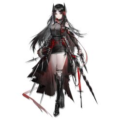 Rule 34 | 1girl, arknights, belt, black belt, black footwear, black hair, black skirt, black sweater, boots, bow (weapon), breasts, closed mouth, cropped jacket, detached sleeves, full body, highres, holding, holding knife, horns, ines (arknights), knife, long hair, looking at viewer, medium breasts, miniskirt, official art, parted bangs, skirt, solo, standing, string, string of fate, sweater, sword, thigh boots, thigh strap, thighs, transparent background, turtleneck, turtleneck sweater, vvvviiiiiia, weapon, yellow eyes, zipper