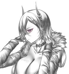 Rule 34 | 1girl, absurdres, alternate breast size, azur lane, black choker, black gloves, breast tattoo, breasts, choker, cleavage, collarbone, cross hair ornament, demon horns, ear piercing, earrings, eyelashes, from side, fur-trimmed jacket, fur trim, gloves, gravity (disasuer), greyscale, hair behind ear, hair between eyes, hair ornament, hairclip, highres, hood, hood down, hooded jacket, horns, huge breasts, jacket, jewelry, long sleeves, looking to the side, mechanical horns, monochrome, open clothes, piercing, purple eyes, short hair, simple background, sketch, solo, spot color, tattoo, ulrich von hutten (azur lane), upper body, white background