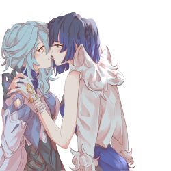 Rule 34 | 2girls, bare arms, black gloves, blue hair, blush, commentary, english commentary, eula (genshin impact), eye contact, genshin impact, gloves, green eyes, highres, holding hands, imminent kiss, jacket, jacket on shoulders, kiss, long hair, looking at another, multiple girls, parted lips, purple hair, selayiss, short hair, simple background, surprise kiss, surprised, tongue, tongue out, upper body, white background, white gloves, white jacket, yelan (genshin impact), yellow eyes, yuri