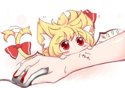 Rule 34 | 1girl, animal ears, biting, blonde hair, blush, bow, cat ears, cat girl, cat tail, chibi, fangs, female focus, flandre scarlet, hair ribbon, kemonomimi mode, lozelia, mini person, minigirl, mouse (computer), no headwear, red eyes, ribbon, side ponytail, solo, tail, tail bow, tail ornament, tail wagging, touhou, wings