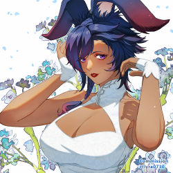 Rule 34 | 1girl, animal ears, warrior of light (ff14), black hair, braid, braided ponytail, breasts, cleavage, cleavage cutout, clothing cutout, collarbone, commission, dark-skinned female, dark skin, dress, final fantasy, final fantasy xiv, gloves, half gloves, large breasts, lips, long hair, looking at viewer, lyra-kotto, parted lips, purple eyes, rabbit ears, side ponytail, sleeveless, sleeveless dress, solo, twitter username, upper body, viera