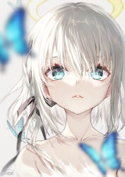 Rule 34 | 1girl, animal, black ribbon, blue eyes, blurry, blurry background, blurry foreground, bug, butterfly, collarbone, depth of field, grey background, grey hair, hair between eyes, hair ribbon, halo, insect, long hair, looking at viewer, nude, original, parted lips, ribbon, satsuki misuzu, solo, upper body
