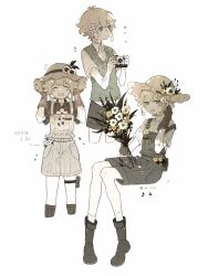 Rule 34 | 1boy, alternate costume, bandaid, bandaid on arm, bandaid on face, basil (faraway) (omori), basil (omori), blonde hair, blue eyes, blush, bouquet, brown gloves, camera, closed eyes, closed mouth, dated, flower, gloves, hair flower, hair ornament, highres, holding, holding bouquet, holding camera, izm ovo, looking at viewer, omori, open mouth, overall shorts, overalls, shirt, short sleeves, smile, solo, white shirt
