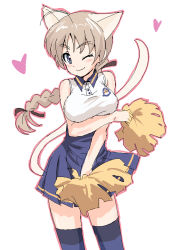 Rule 34 | 1girl, animal ears, bare shoulders, blush, braid, breast hold, breasts, brown hair, cat ears, cat tail, cheerleader, gonzui (hojo), heart, long hair, lynette bishop, one eye closed, single braid, smile, solo, strike witches, tail, thighhighs, world witches series