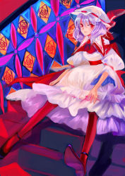Rule 34 | 1girl, ascot, bad id, bad pixiv id, cape, dress, female focus, hat, highres, kol49, pantyhose, purple hair, red eyes, remilia scarlet, shoes, smile, solo, touhou