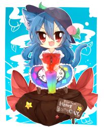Rule 34 | 1girl, animal ears, bad id, bad pixiv id, blue hair, bow, candle, cat ears, cat girl, cat tail, chibi, fang, female focus, food, fruit, hat, hinanawi tenshi, kaenuco, kemonomimi mode, long hair, open mouth, peach, red eyes, smile, solo, tail, touhou