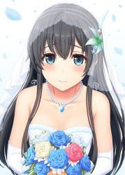 Rule 34 | 1girl, absurdres, ahoge, bare shoulders, black hair, blue eyes, bouquet, breasts, bridal gauntlets, bridal veil, bride, cleavage, closed mouth, collarbone, commentary request, dress, flower, gem, hair flower, hair ornament, highres, holding, inanaki shiki, jewelry, long hair, looking at viewer, necklace, pearl necklace, petals, sidelocks, small breasts, smile, solo, veil, wedding, wedding dress, white dress, yahari ore no seishun lovecome wa machigatteiru., yukinoshita yukino