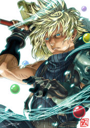 Rule 34 | 1boy, armor, blonde hair, blue eyes, buster sword, cloud, cloud strife, dzoho, final fantasy, final fantasy vii, fingerless gloves, gloves, huge weapon, jewelry, male focus, md5 mismatch, parted lips, resolution mismatch, short hair, shoulder armor, shoulder pads, solo, source larger, spiked hair, square enix, sword, weapon