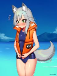Rule 34 | 1girl, animal ear fluff, animal ears, artist name, blush, breasts, commentary, commission, english commentary, green eyes, grey hair, kuroonehalf, mountain, ocean, one-piece swimsuit, original, sky, small breasts, solo, swimsuit, tail, tanya (zeke lawson), white one-piece swimsuit