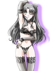 Rule 34 | 1girl, arm up, artist request, black hair, black ribbon, black thighhighs, bra, detached sleeves, fate/stay night, fate (series), green eyes, hair ornament, hair ribbon, lingerie, long hair, looking at viewer, one eye closed, panties, ribbon, side-tie panties, solo, strapless, strapless bra, thighhighs, tohsaka rin, twintails, two side up, underwear, underwear only, wink