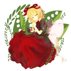 Rule 34 | 1girl, blonde hair, bow, dqn (dqnww), closed eyes, female focus, flower, hair bow, hair ornament, hair ribbon, hands on own chest, highres, lily of the valley, medicine melancholy, open mouth, plant, ribbon, short hair, skirt, solo, su-san, touhou, white background