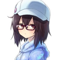 Rule 34 | 1girl, baseball cap, blue hoodie, brown eyes, brown hair, character request, check character, closed mouth, commentary request, from side, glasses, hair between eyes, hat, highres, hood, hoodie, looking at viewer, medium hair, mirino, original, portrait, simple background, solo, white background, white hat