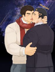 Rule 34 | 2boys, alternate costume, ass, bara, beard stubble, black hair, black suit, blush, breath, brown sweater, closed eyes, commentary request, commission, contemporary, couple, facial hair, formal, french kiss, from side, grabbing another&#039;s arm, halo, hand on another&#039;s neck, harada (basashi), highres, kiss, large pectorals, long sideburns, male focus, mature male, multiple boys, muscular, muscular male, mustache stubble, official alternate costume, pants, pectorals, protagonist 3 (housamo), red scarf, saliva, scarf, second-party source, short hair, sideburns, skeb commission, striped clothes, striped pants, striped suit, stubble, suit, sweater, thick eyebrows, tokyo houkago summoners, tongue, tongue out, watermark, winter clothes, yaoi, zabaniyya (fashionista suit) (housamo), zabaniyya (housamo)