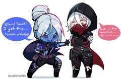 Rule 34 | 2girls, absurdres, animification, annoyed, apex legends, artist name, black bodysuit, black gloves, blue eyes, blue skin, bodysuit, chibi, colored skin, commentary, crossed arms, dual persona, english commentary, english text, gloves, grey hair, hair bun, highres, hood, hood up, looking to the side, mask, mouth mask, multiple girls, nervous sweating, nsfwolf, official alternate costume, rift stalker wraith, single hair bun, speech bubble, sweat, thought bubble, white background, white eyes, white hair, wraith (apex legends)