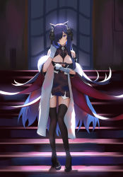 Rule 34 | 1girl, absurdres, animal ears, august von parseval (azur lane), azur lane, black horns, black thighhighs, breasts, cleavage, clothing cutout, curled horns, fake animal ears, full body, gloves, hair over one eye, highres, horns, large breasts, long bangs, long hair, looking at viewer, mechanical horns, one eye covered, pat bharasarn, purple eyes, purple hair, solo, stairs, standing, thighhighs, underboob cutout, very long hair, white gloves
