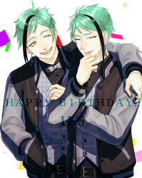 Rule 34 | 2boys, arm around shoulder, bishounen, black shirt, bow, bowtie, brothers, closed eyes, collared shirt, confetti, dated, earrings, english text, facing viewer, floyd leech, green hair, grey bow, grey bowtie, grey jacket, grey vest, grin, hand in pocket, hand up, hands up, happy birthday, highres, jacket, jade leech, jewelry, letterman jacket, looking at another, male focus, multicolored hair, multiple boys, one eye closed, plaid, plaid vest, sharp teeth, shirt, short hair, siblings, simple background, single earring, smile, standing, streaked hair, teeth, tree-of-life, twins, twisted wonderland, vest, white background, yellow eyes