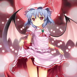 Rule 34 | 1girl, ascot, bad id, bad pixiv id, bat wings, blue hair, blush, bow, brooch, curtsey, danmaku, dress, female focus, full moon, hat, highres, jewelry, large wings, moon, rasahan, red eyes, red moon, remilia scarlet, ribbon, short hair, skirt, skirt hold, smile, solo, embodiment of scarlet devil, touhou, wings, wrist cuffs