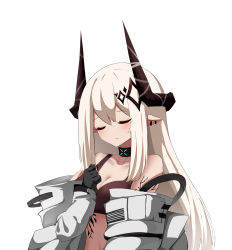 Rule 34 | 1girl, absurdres, arknights, bare shoulders, black choker, black gloves, blush, breasts, choker, cleavage, closed eyes, collarbone, commentary, crop top, gloves, hair between eyes, hand up, highres, horns, huizhiyin, infection monitor (arknights), long hair, material growth, midriff, mudrock (arknights), mudrock (elite ii) (arknights), navel, off shoulder, open clothes, oripathy lesion (arknights), pointy ears, silver hair, simple background, solo, sports bra, stomach, upper body, white background