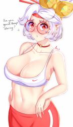 Rule 34 | 1girl, anisdrawn, bare arms, bare shoulders, blush, breasts, choker, commentary request, crop top, hair ornament, hair stick, highres, large breasts, looking at viewer, midriff, navel, nintendo, nose blush, pants, parted lips, pointy ears, purah, red-framed eyewear, red choker, red eyes, red pants, round eyewear, short hair, simple background, solo, spaghetti strap, sports bra, stomach, the legend of zelda, the legend of zelda: tears of the kingdom, upper body, white background, white hair