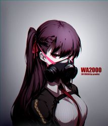 Rule 34 | 1girl, 2017, artist name, character name, chromatic aberration, collared shirt, commentary, dated, gas mask, girls&#039; frontline, hair ribbon, half updo, highres, long hair, looking at viewer, mask, necktie, predict, purple eyes, purple hair, red necktie, respirator, ribbon, serious, shirt, side ponytail, simple background, solo, sparkling eyes, very long hair, wa2000 (girls&#039; frontline)