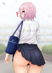 Rule 34 | 1girl, ?, absurdres, ass, bag, blurry, blurry background, bra visible through clothes, building, bush, clothes lift, commentary, dress shirt, fate/grand order, fate (series), from behind, highres, looking at viewer, looking back, mash kyrielight, miniskirt, no panties, outdoors, pleated skirt, profile, purple eyes, school bag, see-through, shirt, shirt tucked in, short hair, skirt, skirt lift, solo, the only shoe, thighs, wardrobe malfunction, white shirt