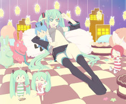 Rule 34 | 1boy, 4girls, bird, breasts, cake, chibi, chick, covered erect nipples, feet, food, foreshortening, hatsune miku, kagamine len, kagamine rin, kaito (vocaloid), legs, lol -lots of laugh- (vocaloid), lots of laugh, multiple girls, open clothes, open shirt, panties, pillow, powhu, shirt, sitting, small breasts, striped clothes, striped panties, stuffed animal, stuffed toy, thighhighs, underwear, vocaloid