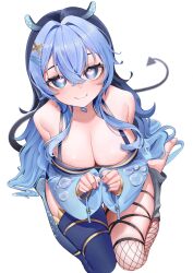 Rule 34 | 1girl, asymmetrical legwear, bare shoulders, black hair, blue eyes, blue hair, blue nails, blue sleeves, blue thighhighs, breasts, bubble, closed mouth, commission, fishnet thighhighs, fishnets, gradient hair, hair between eyes, heart, heart-shaped pupils, highres, indie virtual youtuber, kneeling, large breasts, long hair, manta ray girl, mismatched legwear, multicolored hair, rei stingray, single fishnet legwear, symbol-shaped pupils, thighhighs, two-tone hair, vgen commission, virtual youtuber, white sleeves, yoshiii