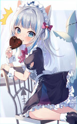 Rule 34 | 1girl, ^^^, absurdres, animal ears, apron, black dress, black footwear, blue eyes, blue hair, blue nails, blush, bobby socks, bow, bowtie, candy, cat ears, chair, chocolate, chocolate heart, commentary request, dress, eating, fingernails, fins, fish tail, food, food in mouth, frilled dress, frills, gawr gura, grey hair, hair bow, hair ornament, heart, highres, holding, holding food, hololive, hololive english, long hair, looking at viewer, maid, maid apron, maid headdress, multicolored hair, nail polish, on chair, one side up, piyoyanagi, puffy short sleeves, puffy sleeves, red bow, red bowtie, shark girl, shark hair ornament, shark tail, short sleeves, sidelocks, signature, socks, solo, streaked hair, sweatdrop, tail, tail raised, twitter username, virtual youtuber, white apron, white socks, white wrist cuffs, wrist cuffs