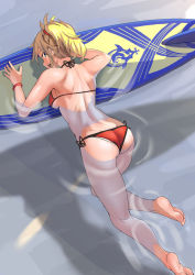 Rule 34 | 1girl, ass, ayakumo, bare shoulders, barefoot, bikini, blonde hair, blush, braid, breasts, day, fate/grand order, fate (series), green eyes, hair ornament, halterneck, highres, long hair, looking at viewer, mordred (fate), mordred (fate) (all), mordred (fate/apocrypha), mordred (swimsuit rider) (fate), mordred (swimsuit rider) (first ascension) (fate), open mouth, partially submerged, ponytail, red bikini, scrunchie, shoulder blades, side-tie bikini bottom, solo, string bikini, surfboard, swimsuit, toned, wristband