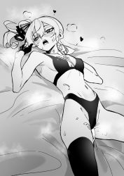 Rule 34 | aftersex, bikini, blush, breasts, cum, cum on body, cum on breasts, cum on crotch, cum on upper body, gloves, greyscale, hair ornament, heavy breathing, highres, hololive, hoshimachi suisei, long hair, longlong (drasdr7513), lying, monochrome, navel, on back, pussy juice, side ponytail, single thighhigh, small breasts, spread legs, swimsuit, thighhighs, virtual youtuber