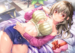 Rule 34 | 1girl, absurdres, ahoge, bed, bed sheet, blue shorts, blush, braid, breasts, brown hair, brown shirt, brown tube top, cardigan, cleavage, coffee, collarbone, cup, denim, denim shorts, heart-shaped bag, highres, indoors, large breasts, leaf, long hair, long sleeves, looking at viewer, lying, navel, non-web source, on back, on bed, original, parted lips, pillow, pink cardigan, plant, potted plant, red eyes, rug, shirt, short shorts, shorts, solo, steam, stomach, strapless, thighs, tube top, wooden floor, yan-yam