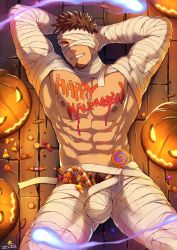 Rule 34 | 1boy, abs, absurdres, arms behind head, artist name, bara, bare pectorals, body writing, brown hair, bulge, candy, colored sclera, facial hair, food, goatee, grin, halloween costume, happy halloween, highres, jack-o&#039;-lantern, lollipop, looking at viewer, male focus, male pubic hair, mummy costume, nipples, on floor, orange eyes, original, pectorals, pubic hair, smile, solo, toned, toned male, wooden floor, wrapped candy, yellow sclera, zifu