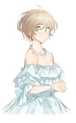 Rule 34 | 1girl, ahoge, bad id, bad tumblr id, bare shoulders, breasts, brown hair, collarbone, commentary, doodle, dress, ear piercing, earrings, english commentary, from side, green eyes, hair between eyes, highres, jewelry, lips, looking at viewer, maro (lij512), necklace, off-shoulder dress, off shoulder, original, own hands together, parted lips, piercing, short hair, simple background, solo, upper body, white background, white dress