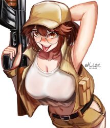 Rule 34 | 1girl, bare shoulders, blush, breasts, brown hair, crop top, cropped jacket, fio germi, glasses, gun, hat, highres, hip vent, khester824, large breasts, long hair, metal slug, shorts, sleeveless, tongue, tongue out, weapon