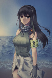 Rule 34 | beach, black shorts, breasts, brown eyes, brown hair, closed mouth, girls&#039; frontline, gloves, green shirt, grey gloves, headset, highres, jacket, long hair, looking at viewer, m4a1 (girls&#039; frontline), mask, ocean, shirt, shorts, skull mask, tank top, white jacket, xanax025